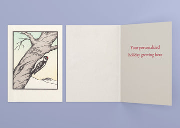 Woodpecker Christmas personalized card — front and interior with sample greeting