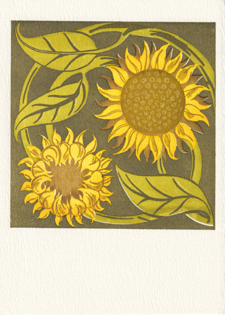 Exterior of card depicts an illustration of two sunflowers