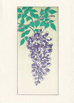 The exterior of the greeting card depicts an image of purple wisteria hanging from a branch. 