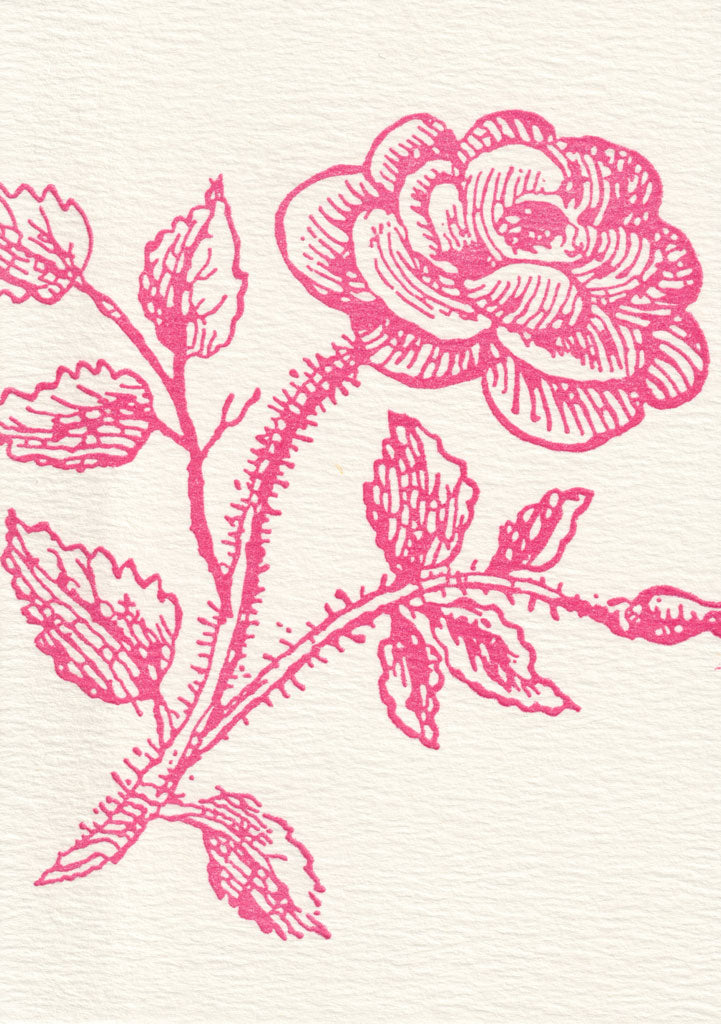 Front image of note card: a rose printed in pink ink. 