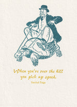 Illustration of a man riding a turtle with a quote below on a light background