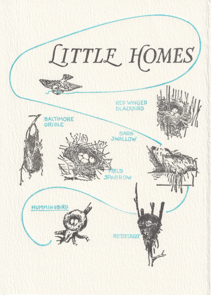 The Saturn Press "Little Homes" greeting card features charming nests, beautifully rendered with vintage-inspired letterpress printing on high-quality recycled paper. Perfect for nature lovers, this card captures the cozy, delicate essence of nests, making it an ideal choice to celebrate the warmth and beauty of home and nature.