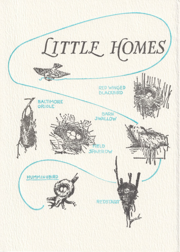 The Saturn Press "Little Homes" greeting card features charming nests, beautifully rendered with vintage-inspired letterpress printing on high-quality recycled paper. Perfect for nature lovers, this card captures the cozy, delicate essence of nests, making it an ideal choice to celebrate the warmth and beauty of home and nature.