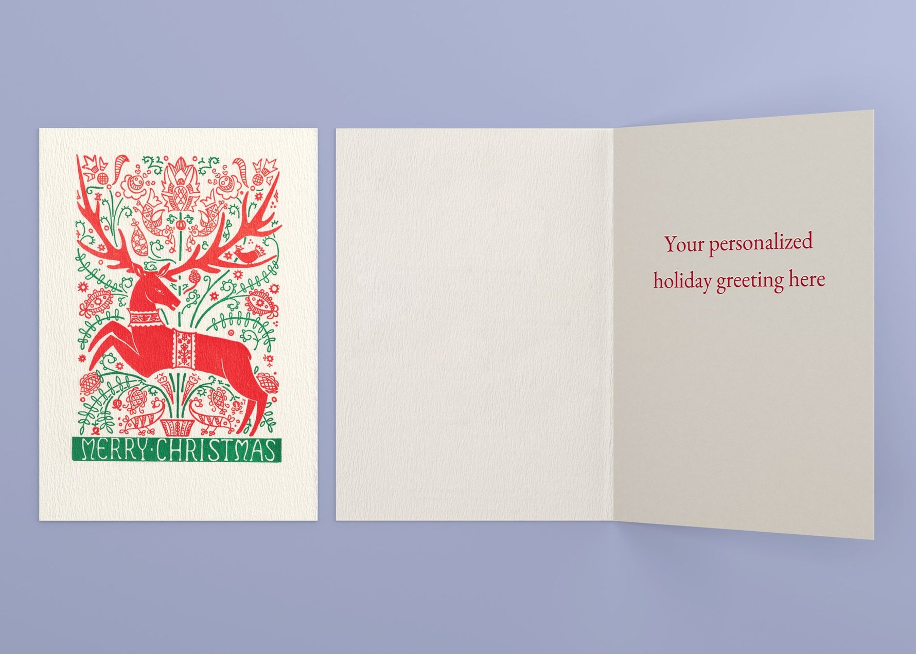 Folk Deer personalized card — front and interior with sample greeting