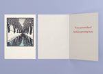 Snow Stream personalized card — front and interior with sample greeting