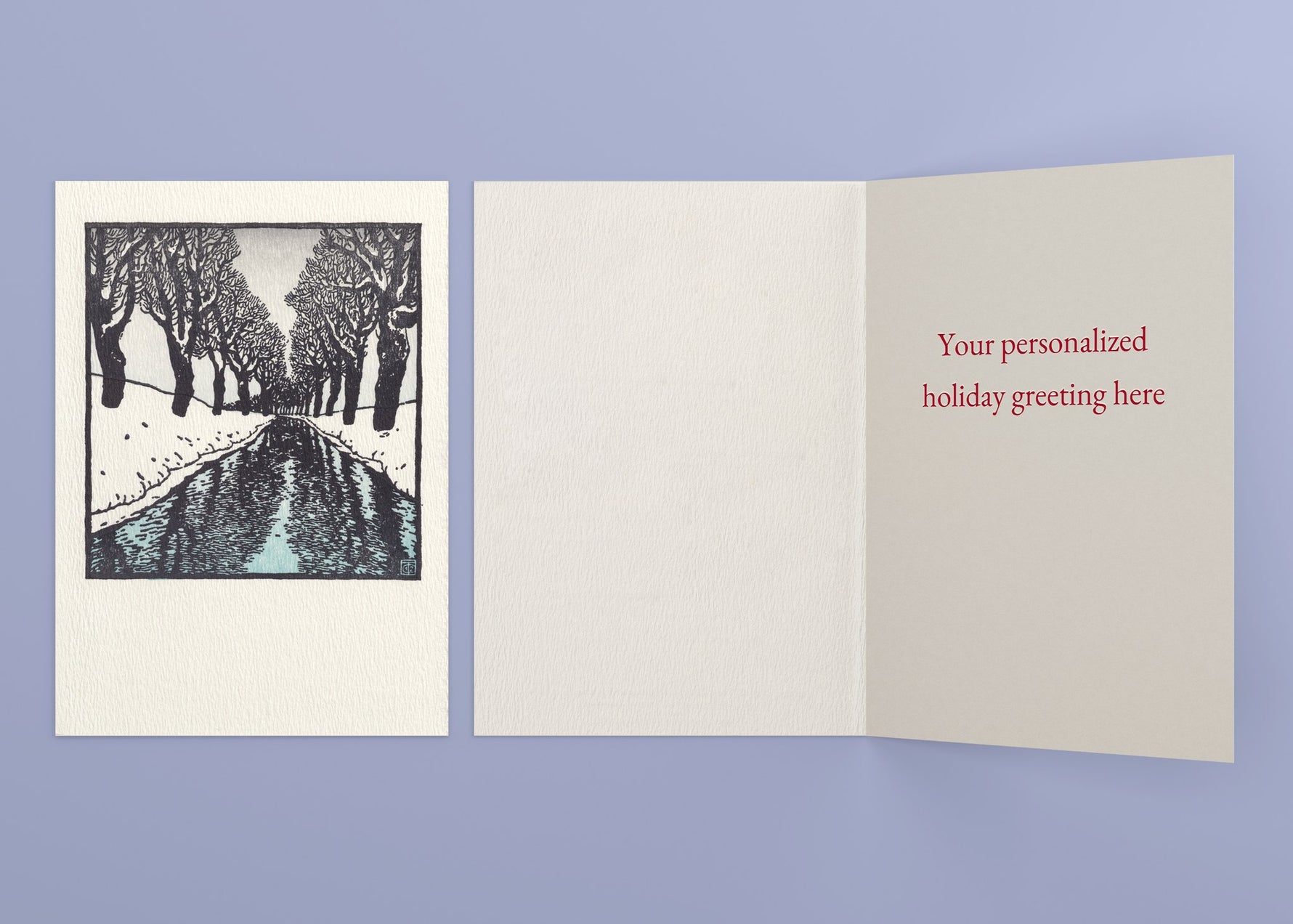 Snow Stream personalized card — front and interior with sample greeting