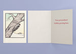 Woodpecker Christmas personalized card — front and interior with sample greeting