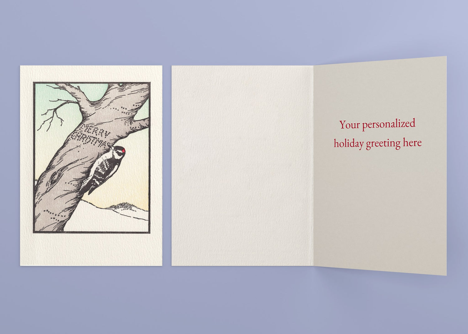 Woodpecker Christmas personalized card — front and interior with sample greeting