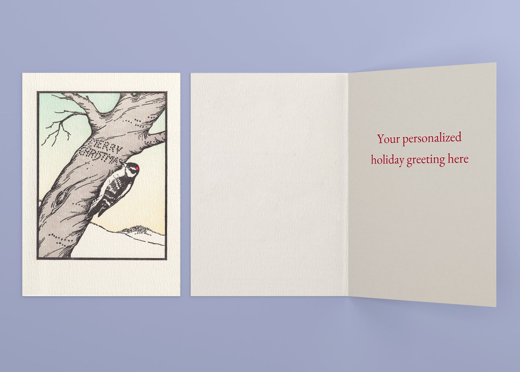 Woodpecker Christmas personalized card — front and interior with sample greeting