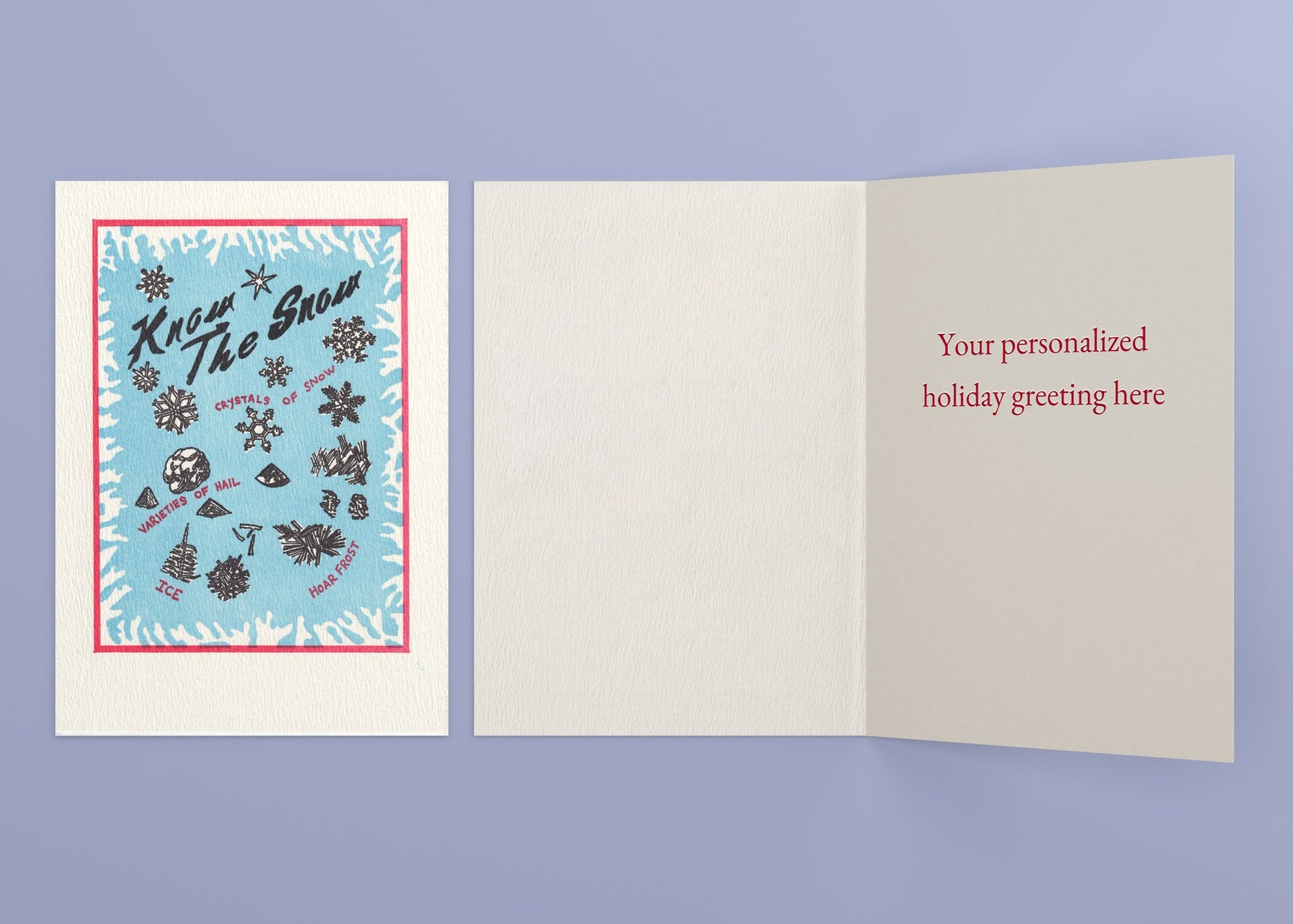 Know the Snow personalized card — front and interior with sample greeting