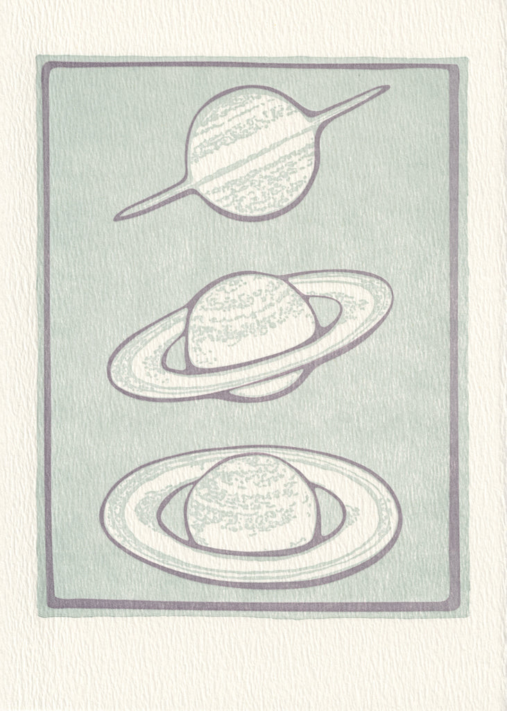 Three images of the planet Saturn from different perspectives.  Background is green.