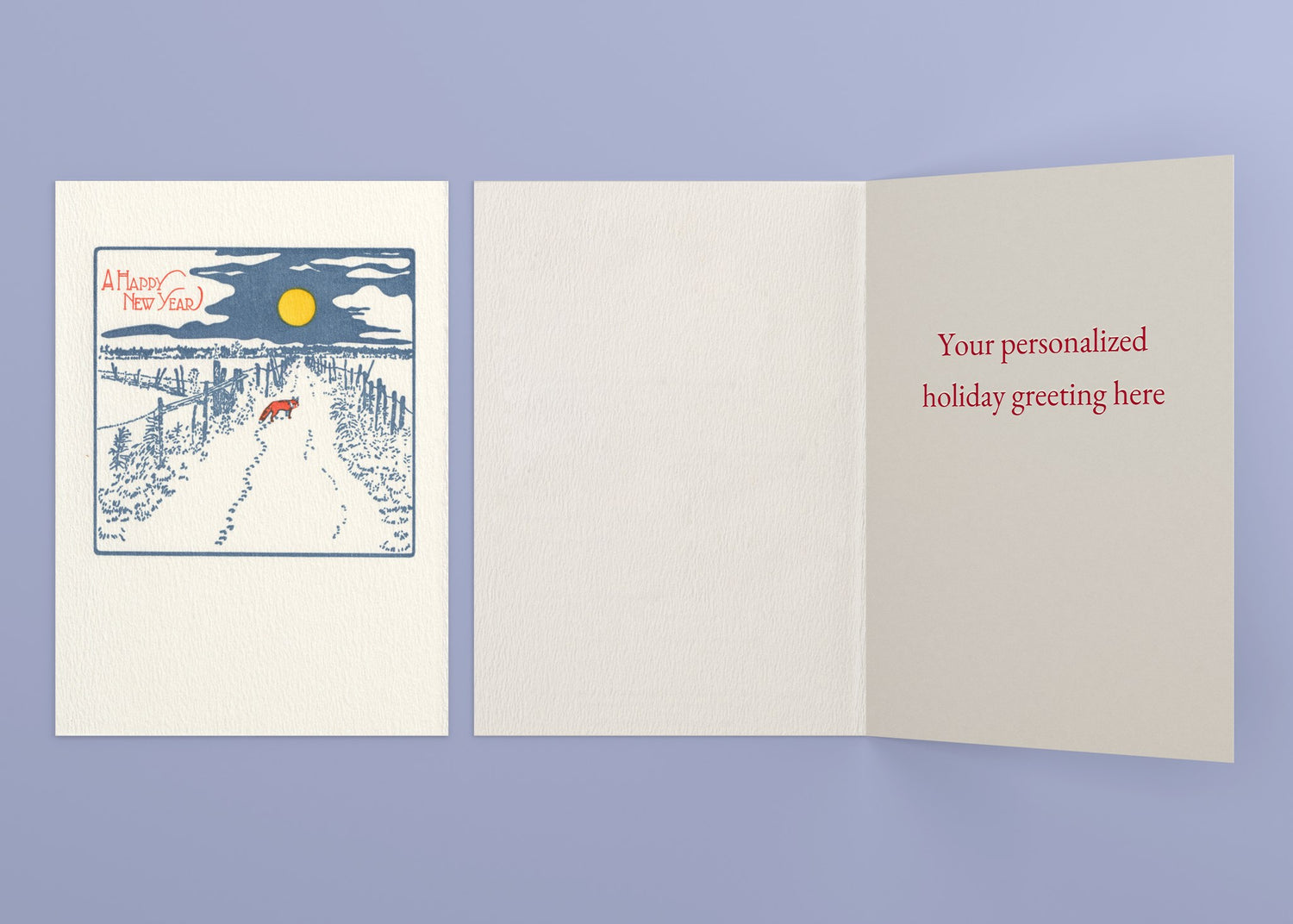 New Year Fox personalized card — front and interior with sample greeting