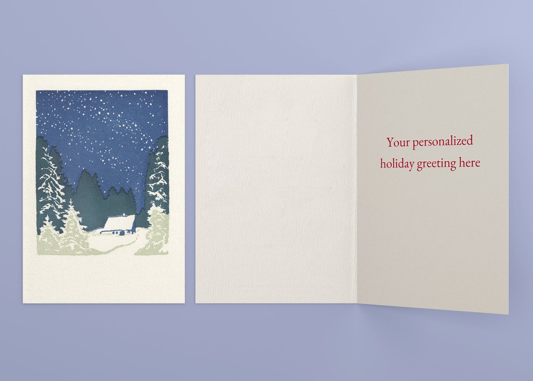 Quiet Night personalized card — front and interior with sample greeting
