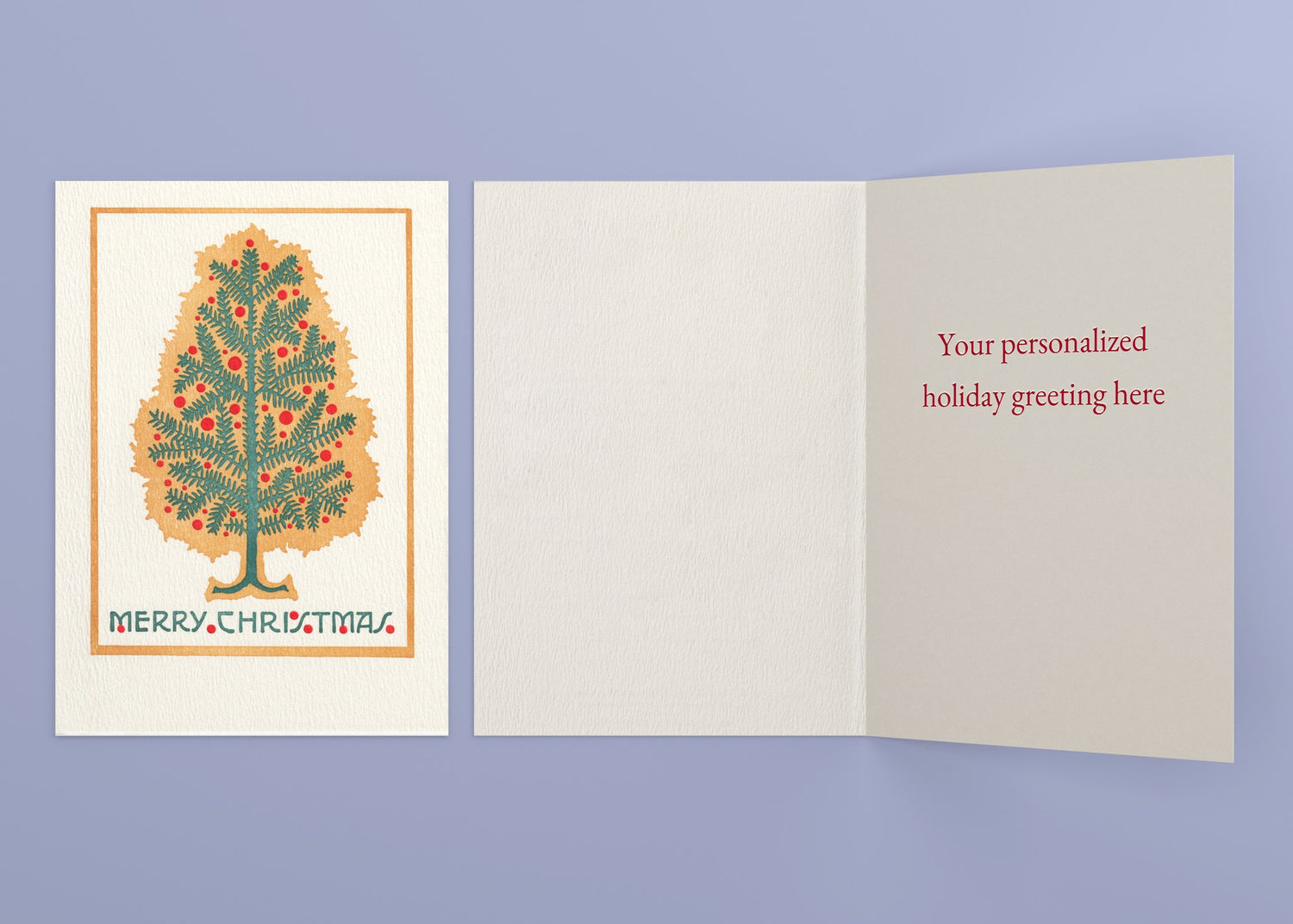 Evergreen personalized card — front and interior with sample greeting