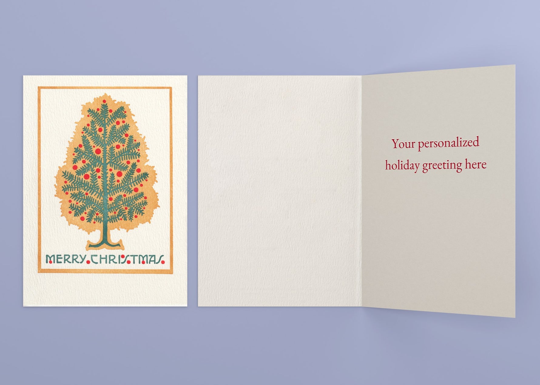 Evergreen personalized card — front and interior with sample greeting