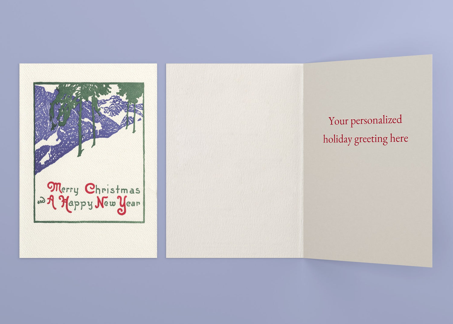 Over the Hills personalized card — front and interior with sample greeting