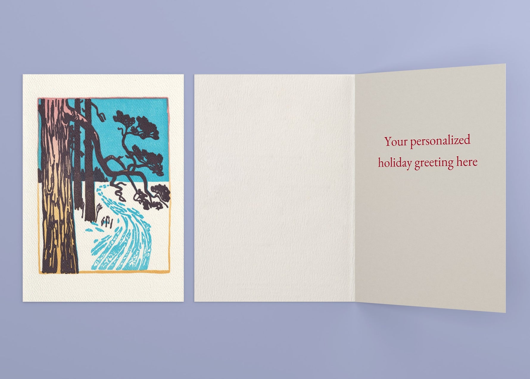 Winter's Walk personalized card — front and interior with sample greeting
