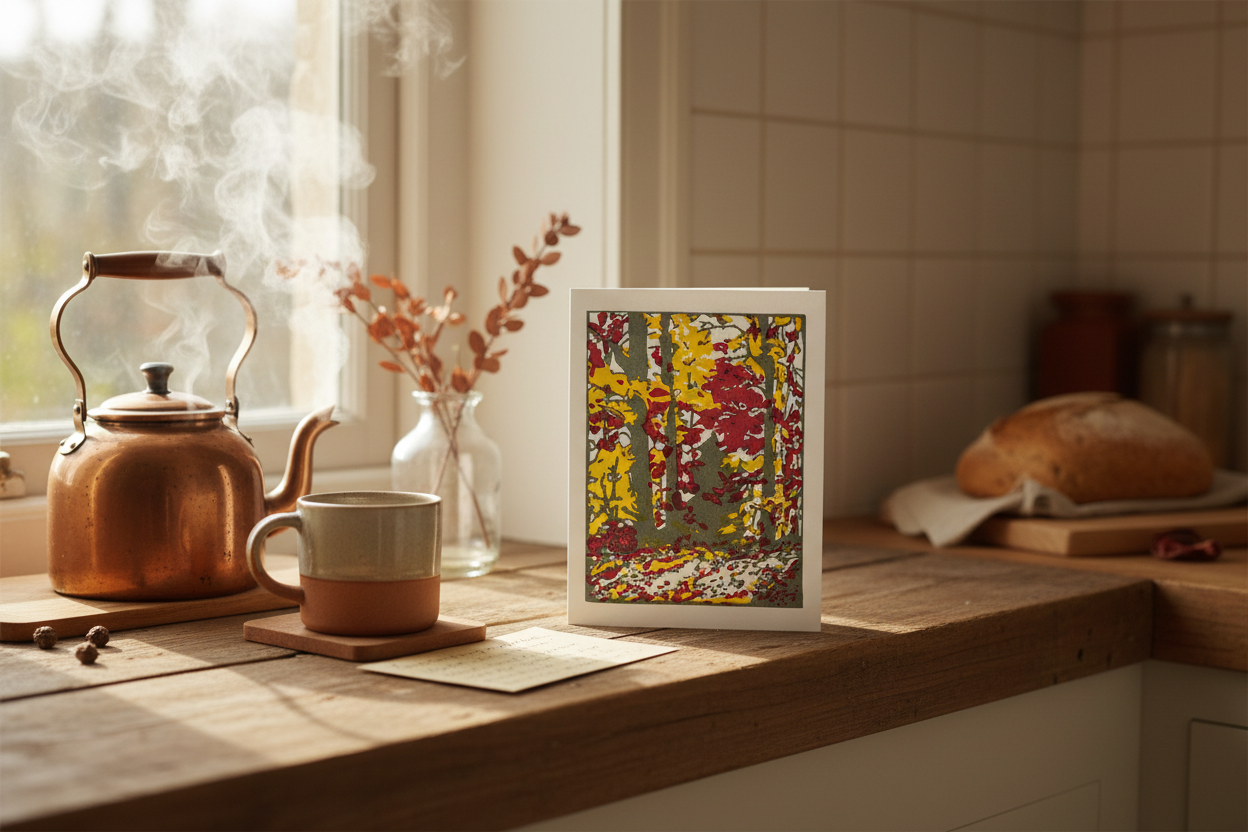 Cozy kitchen scene variation with Autumn Road card